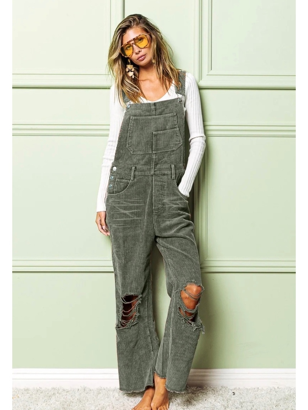 NWT Bibi Olive Green Corduroy Overalls M Distressed 90s Workwear Fall